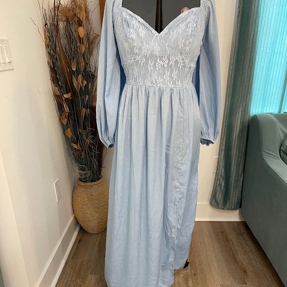 2XL Powder Blue Long Sleeve Lace Bodice Ankle-Length Maxi Dress